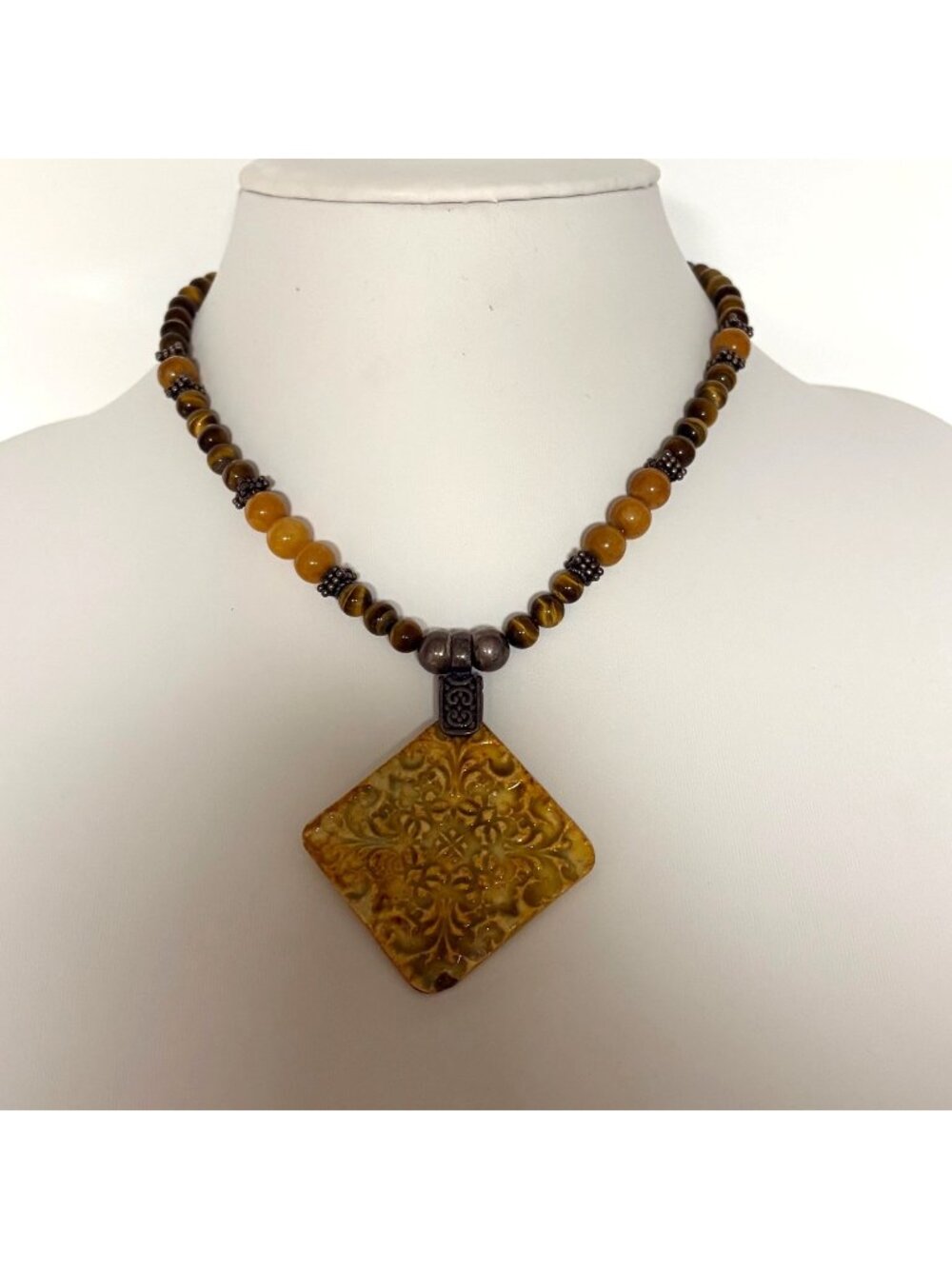 Tigers Eye Beaded Necklace Textured Square Pendant Boho Artisan Jewelry 18 in